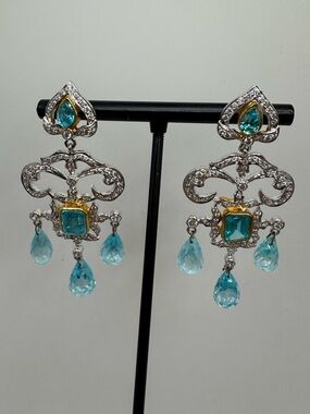 Vintage-Inspired Aquamarine Drop Chandelier Earrings - Silver & Gold Tone